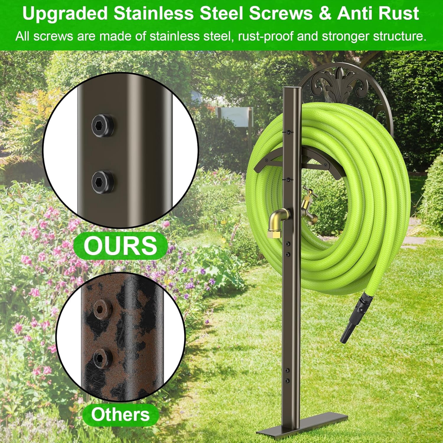 Garden Hose Stand with Brass Faucet, Detachable Heavy Duty Water Hose Holder, Freestanding Metal Hose Reel Decorative Storage Hanger Holds 150-Feet Hose for Outside Patio Lawn Yard