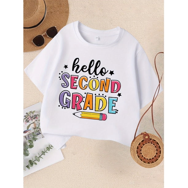Girls' T-Shirt - "Hello SECOND GRADE" Back-to-School Tee - Lightweight Knit Shirt for 2nd Grade First of School Celebration - Easy-Care Girls' Casual Tee