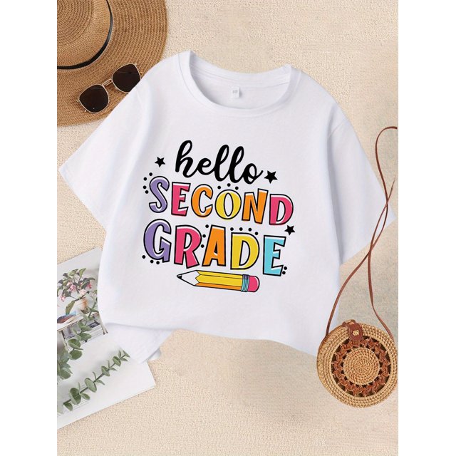 Girls' T-Shirt - "Hello SECOND GRADE" Back-to-School Tee - Lightweight Knit Shirt for 2nd Grade First of School Celebration - Easy-Care Girls' Casual Tee
