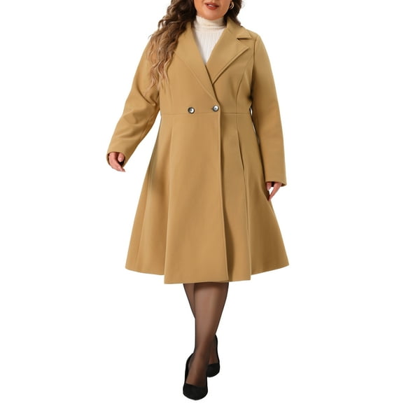 Unique Bargains Women's Plus Size Coats Notch Lapel Double Breasted with Pockets Long Coats Camel 2X