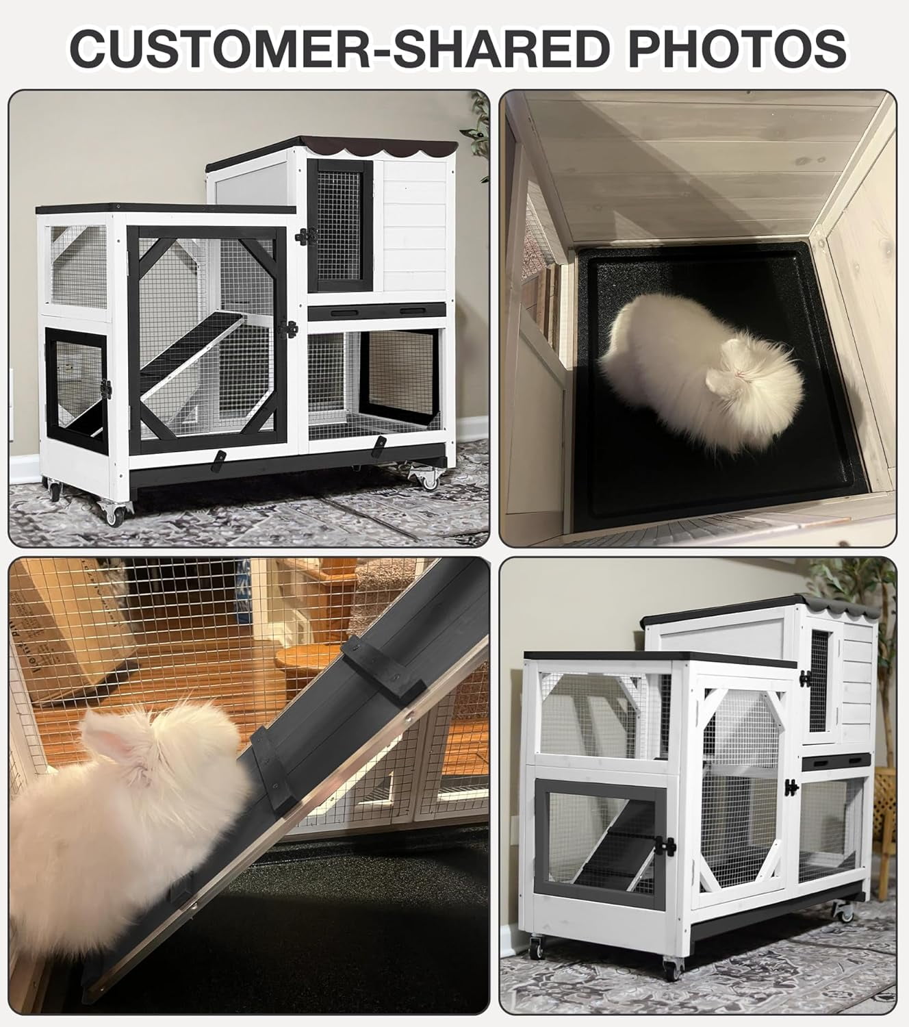 MEDEHOO Rabbit Hutch 2-Story Wooden Bunny Cage with 2 Leak-Proof Trays, Chew-Proof Metal Mesh Indoor & Outdoor Guinea Pig House with Wheels - Black