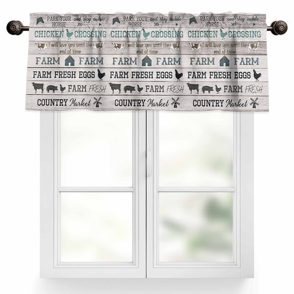 Farm Animal Valances for Windows, 42 x 18in, Cattle Pig Chicken Retro Wood Texture Rod Pocket Kitchen Valance Curtain Light Filtering Window Treatments for Living Room Bedroom, 1 Panel