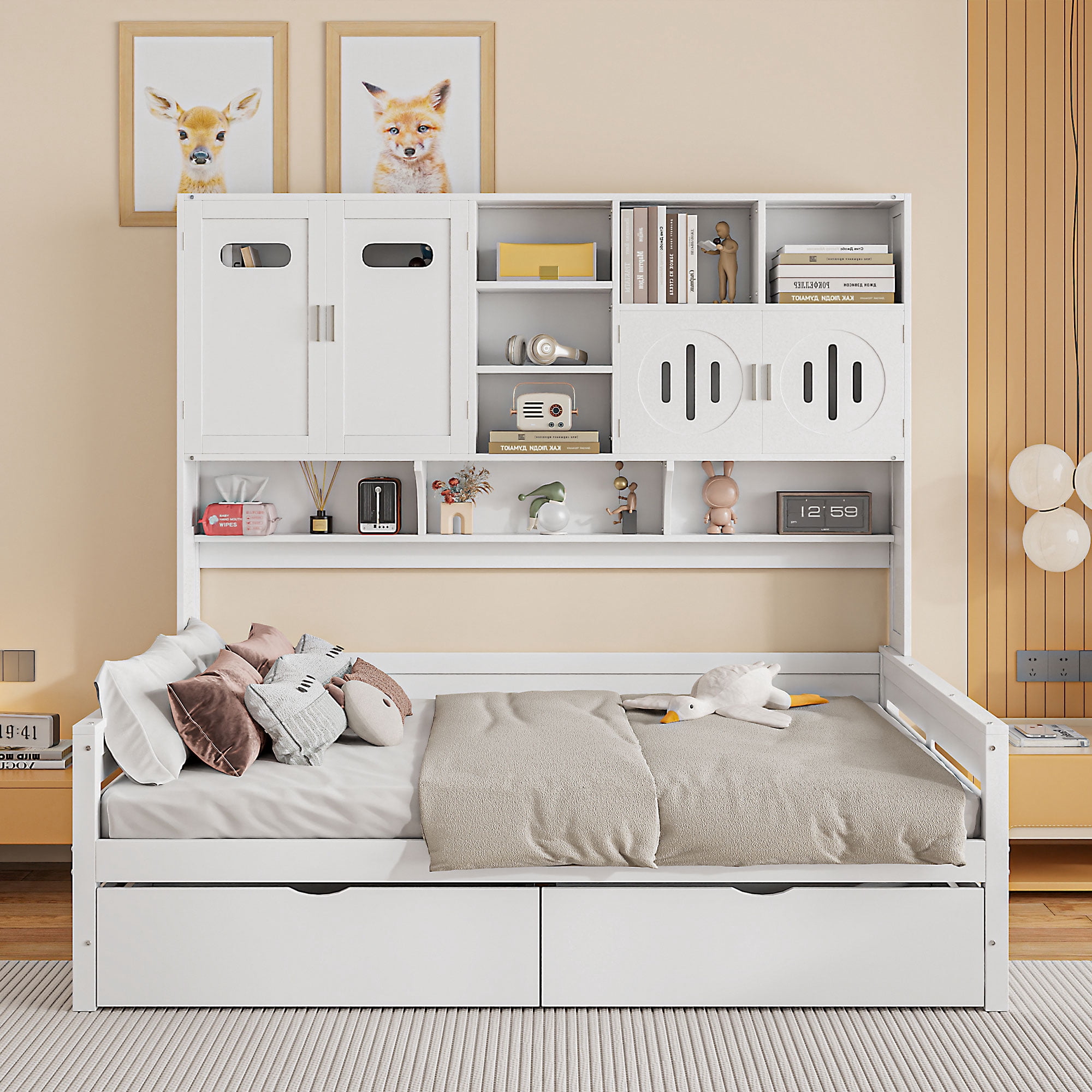 Mintazer Full Platform Bed with Side Bookcase & 2 Drawers and 2 Cabinets, All-in-one Wood Storage Daybed Frame for Kids Teens Bedroom Playroom Guest Room, White