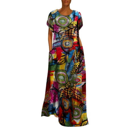 VONDA Women's Casual O Neck Floral Print A Line Cotton Maxi Dress Loose ...