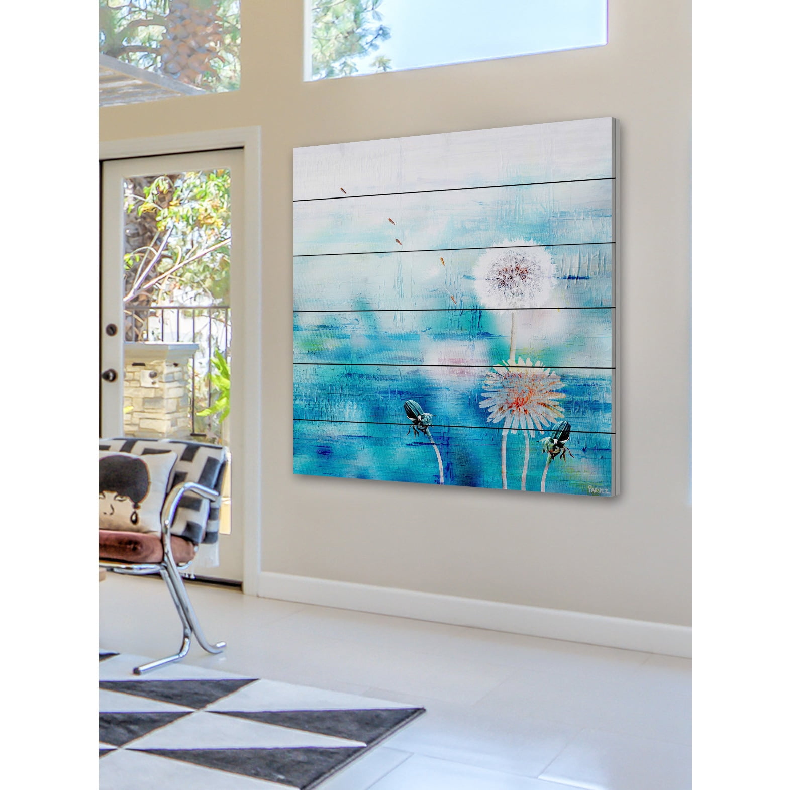 "Dandy Puffs on Blue" Painting Print on White Wood