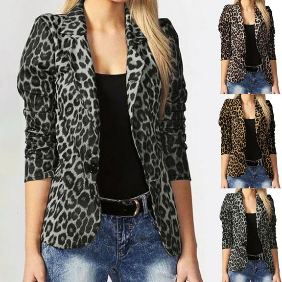 Yinreli Lady Blazer Leopard Print Turn-down Collar Single-breasted Slim Suit Coat for Work