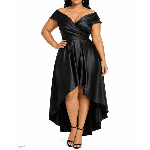 Plus Size Black Off-the-Shoulder High-Low A-Line Formal Dress, V-Neck Short Sleeve Evening Gown