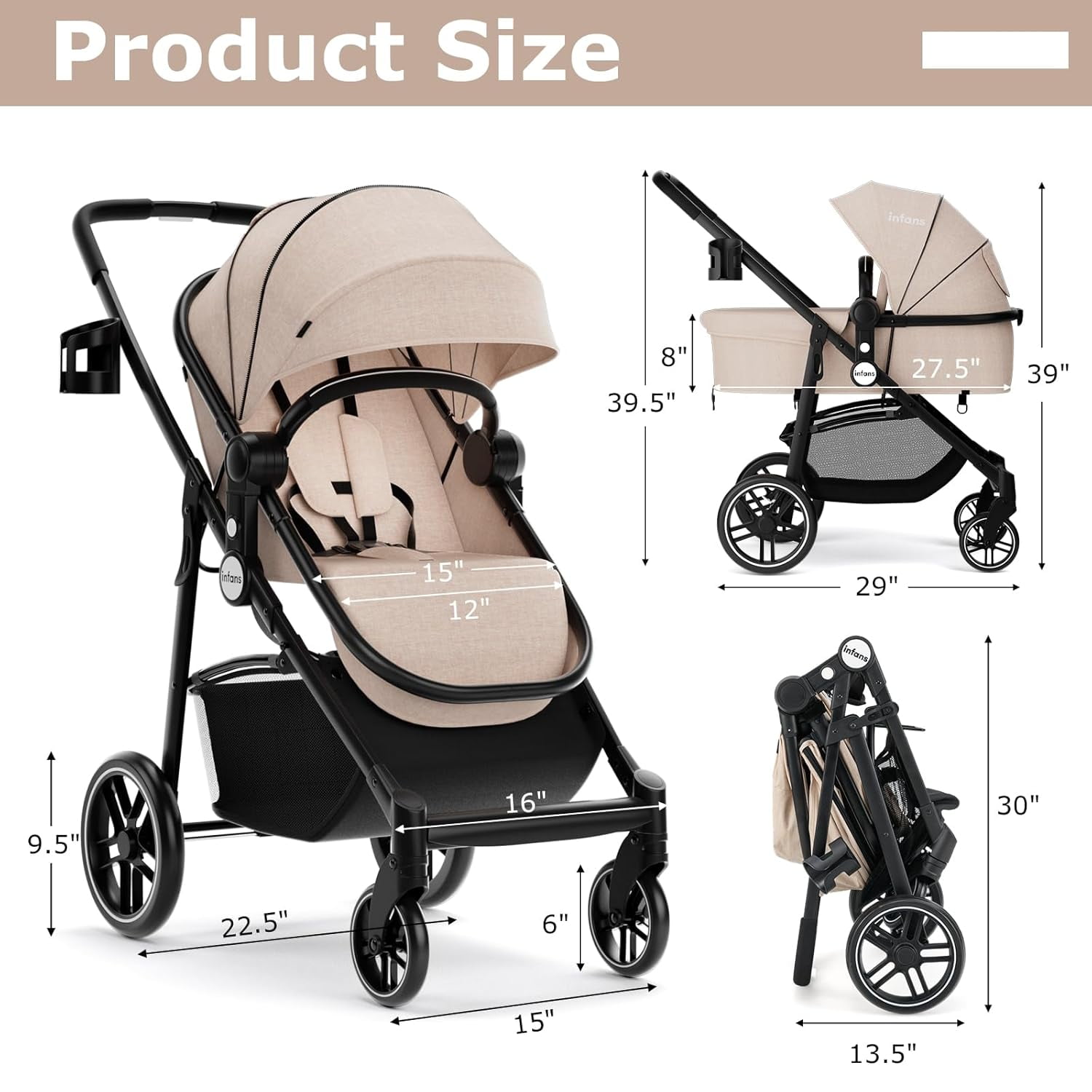 INFANS 2 in 1 Baby Stroller, High Landscape Infant Stroller, Foldable Pushchair with Adjustable Canopy, Cup Holder, Storage Basket, Suspension Wheels