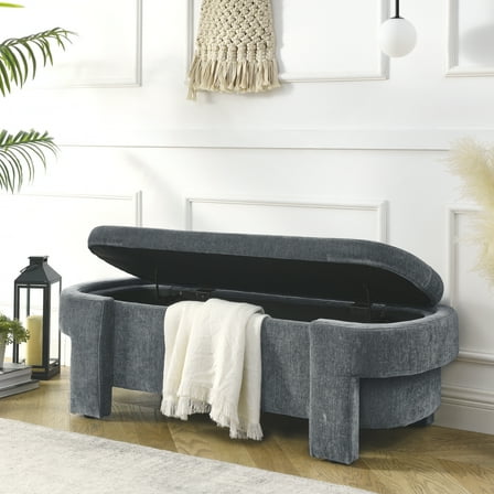 Chenille Upholstered Storage Bench with Large Capacity for Living Room Entryway and Bedroom Grey 51.5x20.5x17