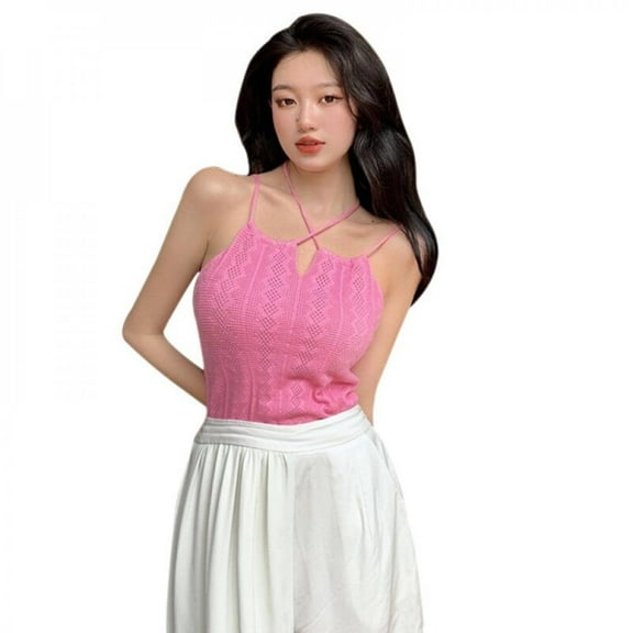 KOOYET Women's Solid Colour Halter Sweet Slim Exposed Navel Knitted Camisole Tank