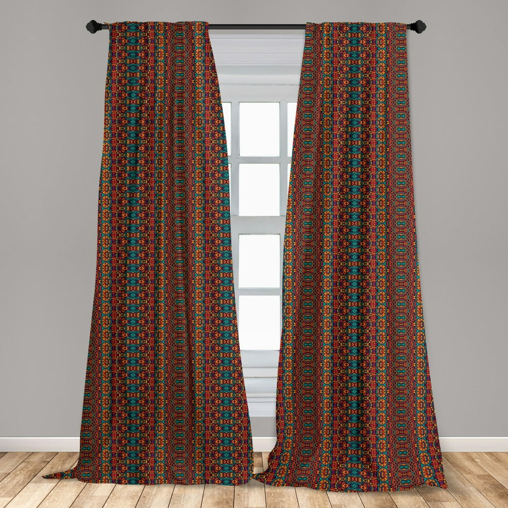 African Curtains 2 Panels Set, Folkloric and Psychedelic Ornament