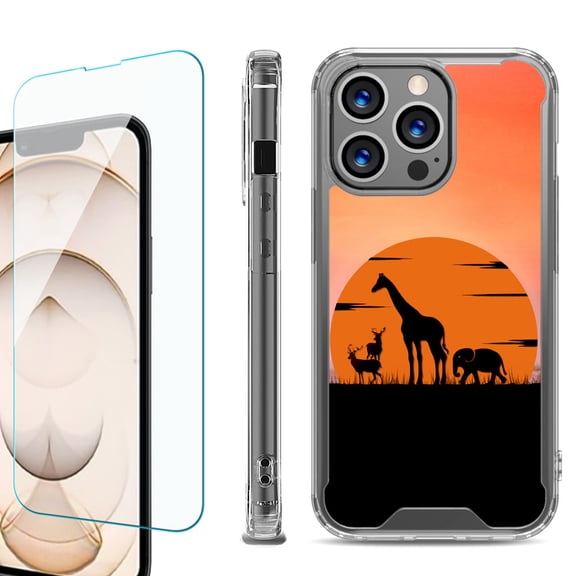 Shockproof Bumper Phone Case for iPhone 13 Pro Max, with Tempered Glass Screen Protector, by OneToughShield ® - Sunset Safari