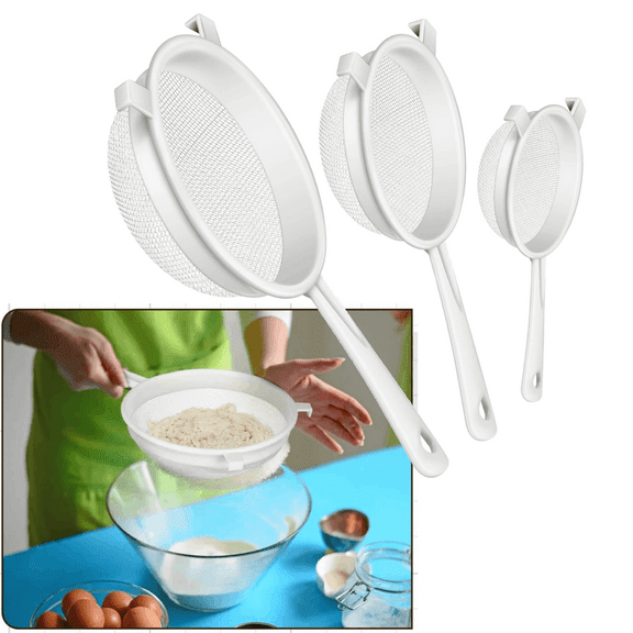 Fine Mesh Kitchen Strainer Set 3-Piece - Plastic Nylon Colanders for Kefir, Flour Sifting, Tea Straining and Juice Filtering