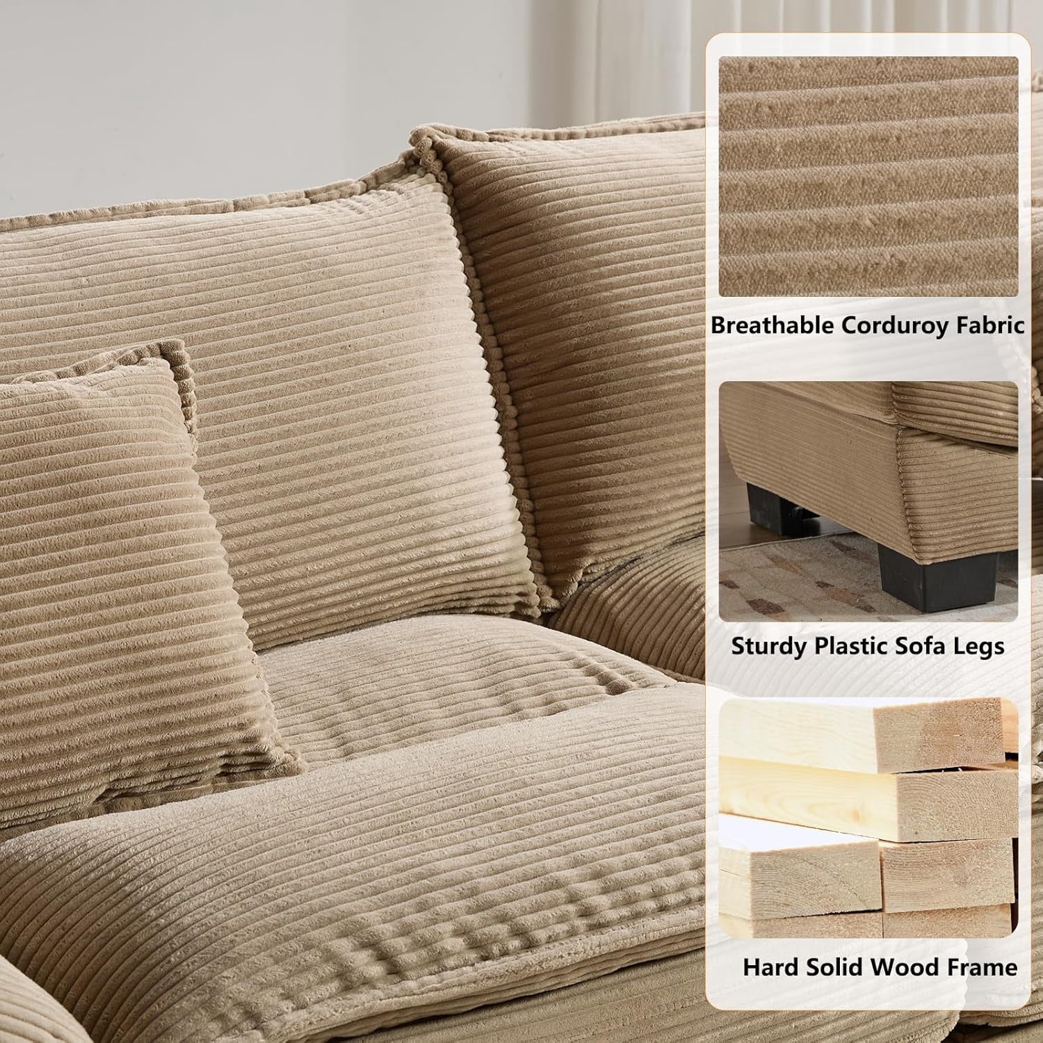 AENKYO 84" Corduroy Loveseat Sofa with Pillows, Modern 2-Seater Couch for Living Room,Khaki