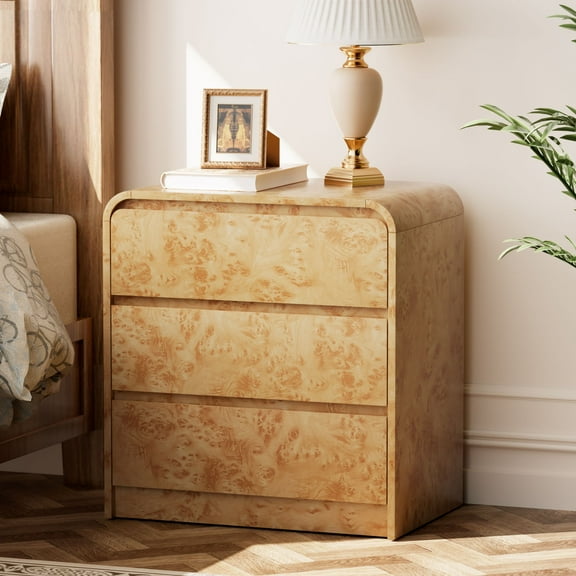 COZAYH Farmhouse 3 Drawer Wood Dresser with Rounded Edge, Bedroom Storage Cabinet, Mid Century Chest of Drawers, Burl Finish, Natural, Base, 23.62’’W*15.55’’D*25.2’’H, Medium