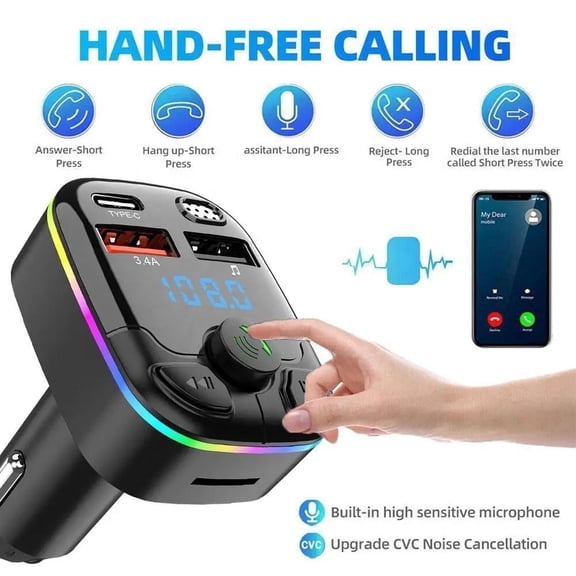 Bluetooth 5.3 FM Transmitter for Car, USB-C PD & QC3.4 Fast Charger, Hands-Free Calling, LED Display, TF Card, Dual USB Music Adapter