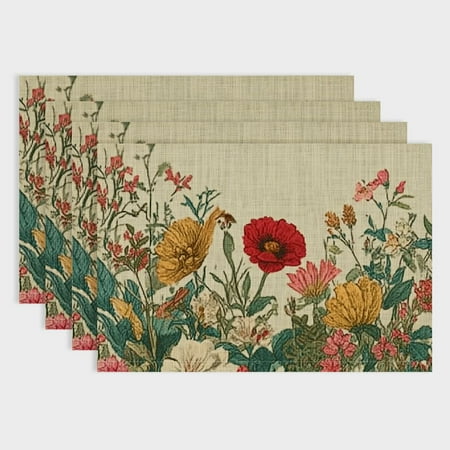 

SHERONV Spring FlowersFloral Border Colorful Poppies Placemats Set of 4 Linen Table Mats Easy to Clean Heat-Resistant Placemats for Dining Table Kitchen Decor Outdoor 18x12in