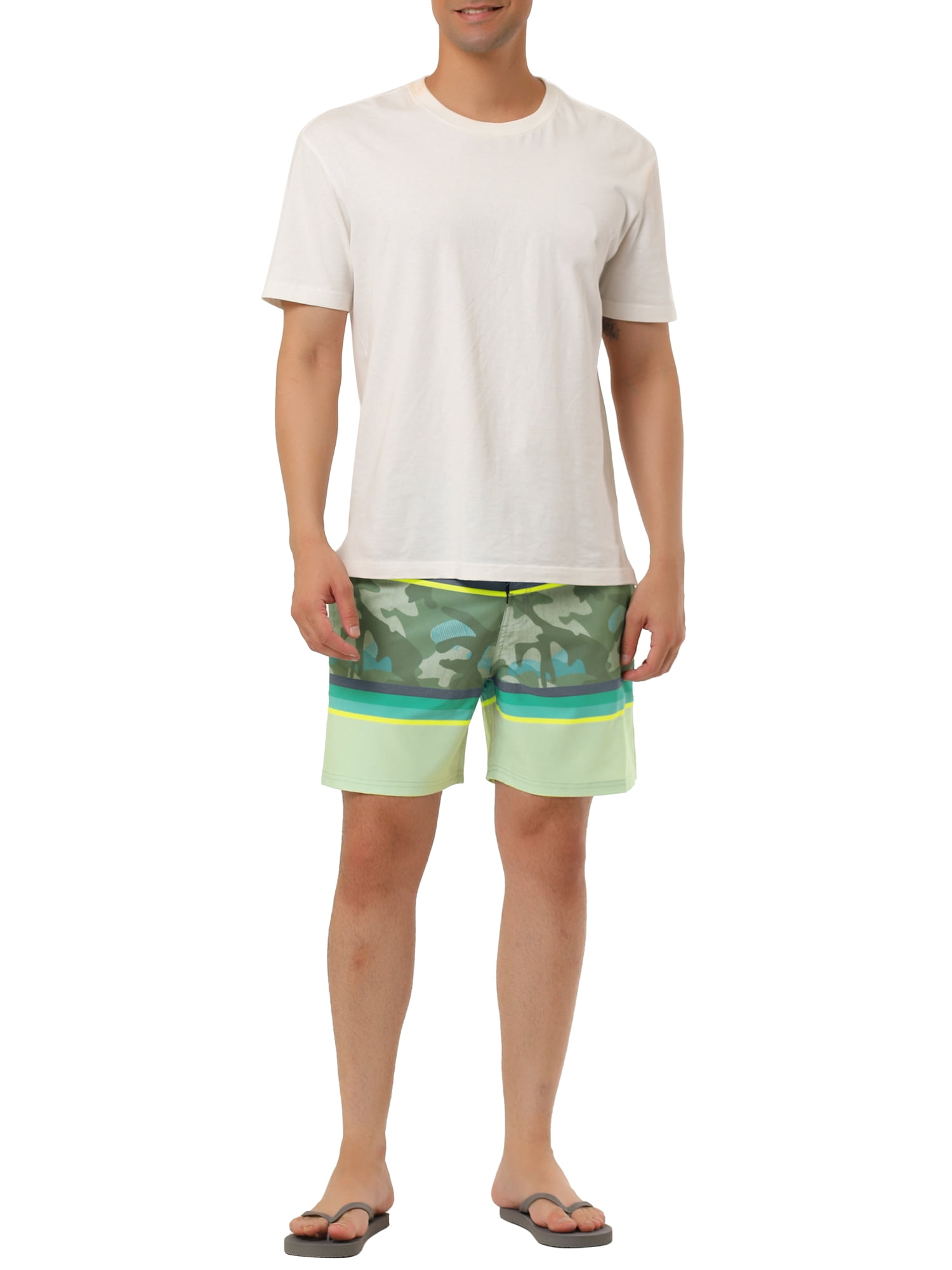 Unique Bargains Men's Summer Swim Color Block Drawstring Beach Board Shorts 34 Beige Camo