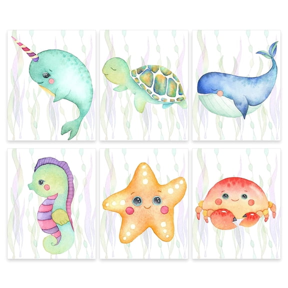Ocean Animal Nursery Décor Art (Set of 6) UNFRAMED Wall Prints, 8 x 10, Whale, Narwhal, Sea Turtle, Seahorse, Crab, Starfish