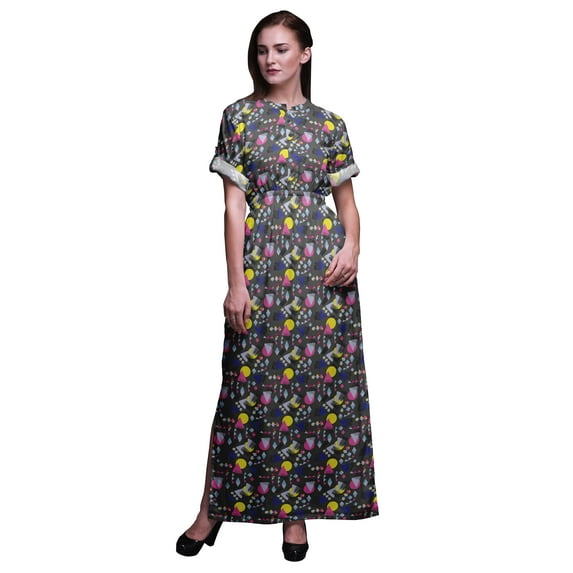 Bimba Rayon Circle & Triangle Geometric Printed Gown Kimono Sleeves Summer Long Maxi Slit Dress-Medium