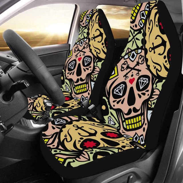 ABPHQTO Juego de 2 fundas para asientos de coche con diseño de calavera y flores, protector universal para asientos delanteros de coche, apto para coche, SUV, sedán, camión