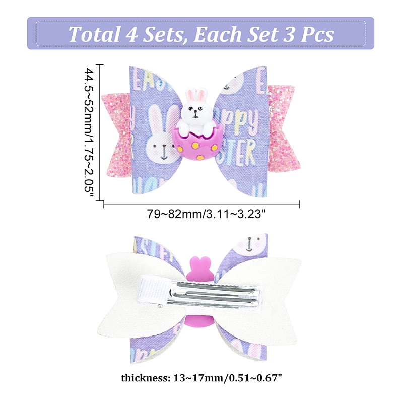 4 Sets 2 Style Baby Girl Hair Bowknot with Bunny Hair Clips Set Easter Hair Accessories for Girls 44.5~52x79~82x13~17mm 2 sets/style for DIY