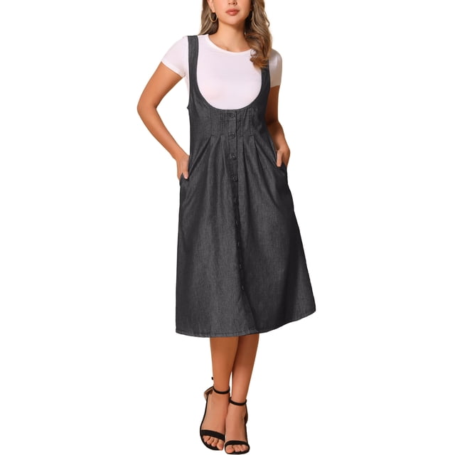 Vestido con tirantes INSPIRE CHIC para mujer, vestido midi de mezclilla con botones en la parte delantera, escote en U clásico y bolsillos, color negro.