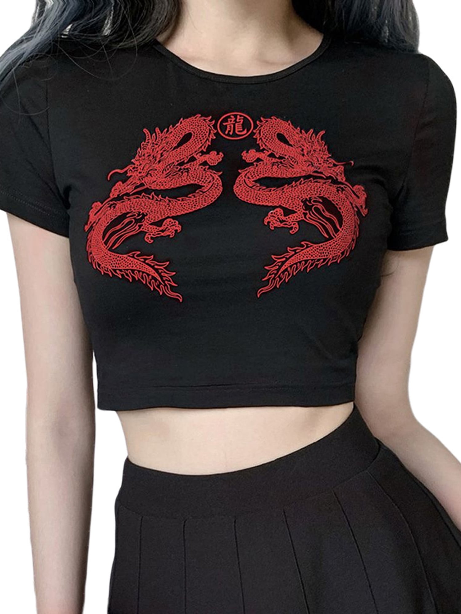 Toimothcn Crop Tops for Women Chinese Character Dragon Print T Shirt Casual Tank Tee Streetwear 
