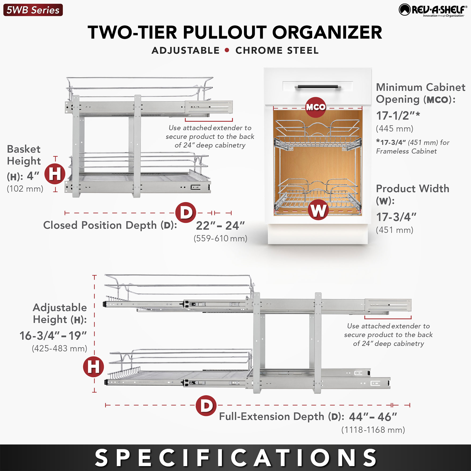 Rev-A-Shelf 5WB2-1822CR-1 18x22in 2-Tier Wire Pullout Cabinet Drawer Basket