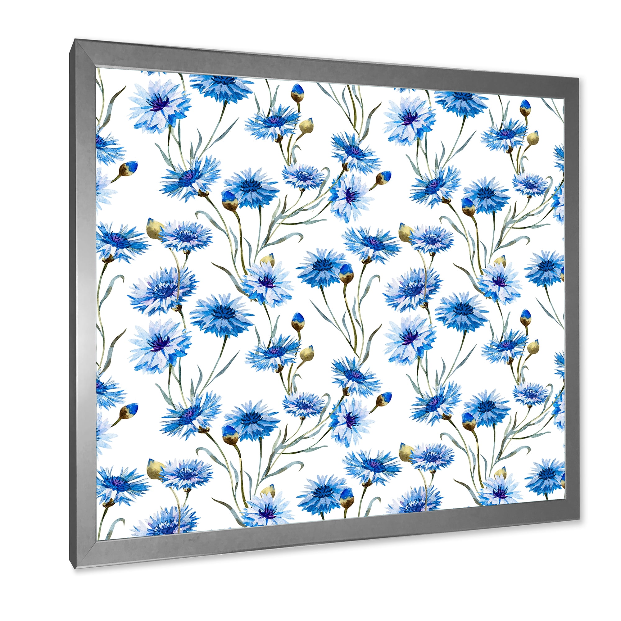 Designart 'Blue Cornflowers With Green Leaves On White II' Traditional Framed Art Print
