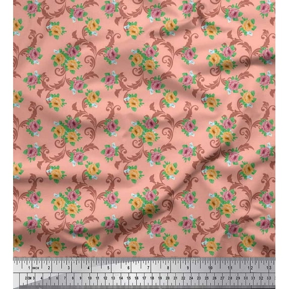 Soimoi Georgette Viscose Fabric Swirl,Leaves & Rose Floral Print Fabric by the Yard 42 Inch Wide