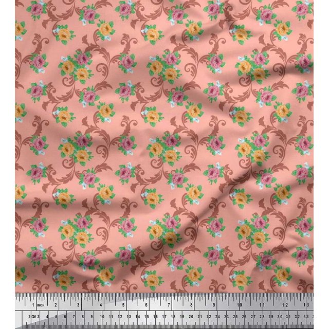 Soimoi Tissu Popeline de Coton Tourbillon, Feuilles & Roses Imprimé Floral 1 Yard 56 Pouces de Large