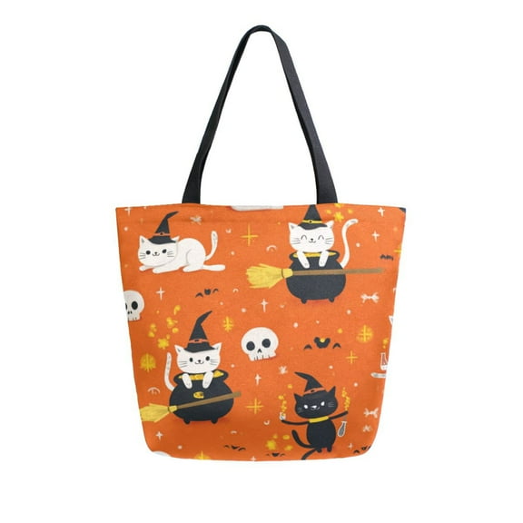 Open Top Canvas Tote Bag with Zipper Reusable Shopping Bag 13.5x15" Roomy Carryall Cartoon Cats in Witches' Hats