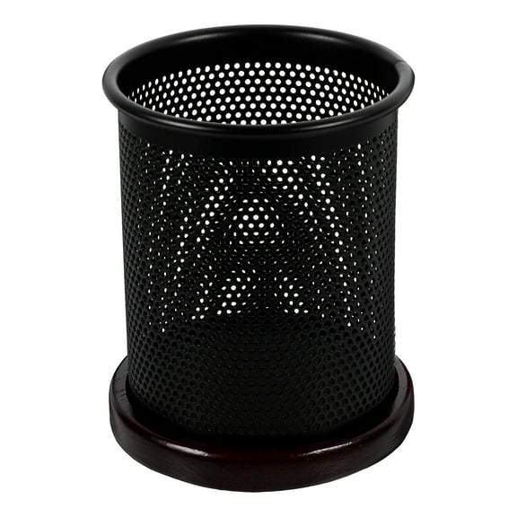 GAXIRE Black Mesh Pen Holder with Wood Base, Desk Organizer for Pencils, Pens, and Small Office Supplies, and Stylish Design