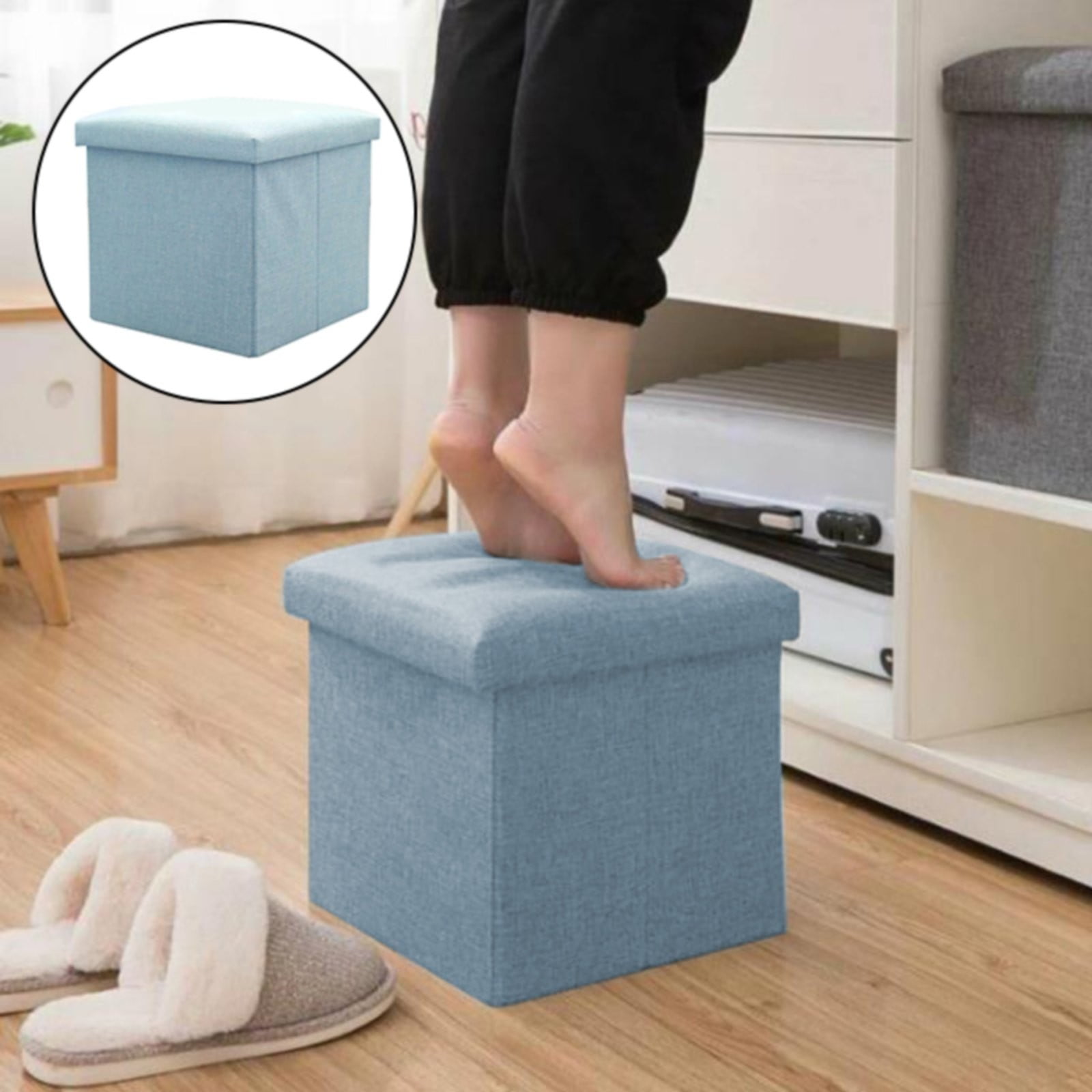 Pouf Cube Avec Rangement PINPLUS - 30x30x30 Cm, Tissu Lin, Pliable, Idéal Salon & Chambre, Noir