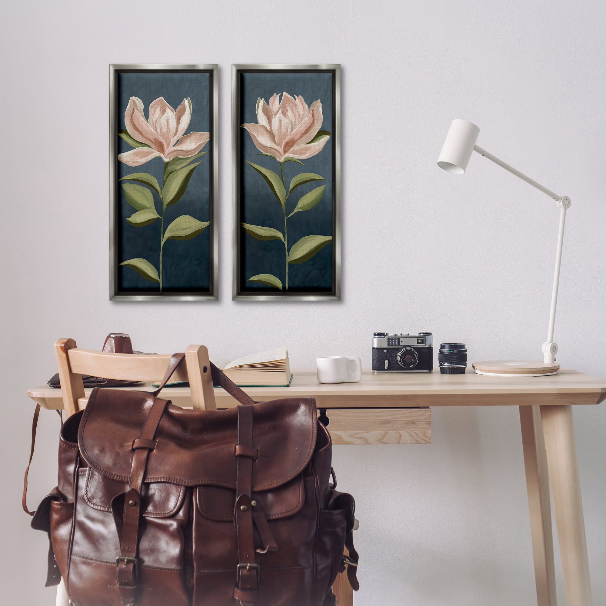 Stupell Industries Pink Petaled Blooms Plants & Flowers Painting Gray Floater Framed Canvas Art Print Wall Art, 11 x 25, Set of 2