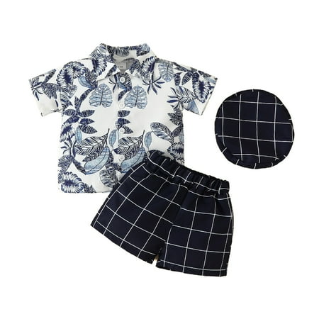 

Toddler Boys Girls Fashion Outfits Set Summer Boys Suit Leaves Printed Single Lapel Short Sleeved Shirt Plaid Shorts Sets For 6-9 Months