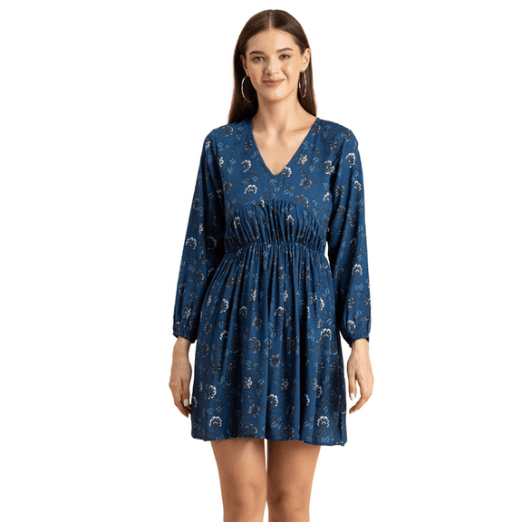 Moomaya Women Printed Viscose Dress, Long Sleeves V-neck Short Length Summer Dress