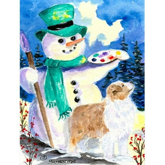 28 x 40 In. Snowman With Australian Shepherd Flag Canvas, House Size