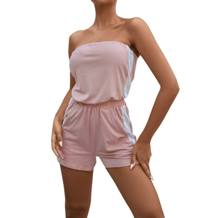 

TAIAOJING Two Piece Outfits for Women Summer Sleeveless Elastic BoobTube Top T Shirt Vest Suit Jumpsuits Pajamas Shorts