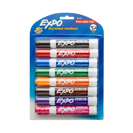 - EXPO Low Odor Dry Erase Markers, Chisel Tip, Assorted Colors, 8 Pack
