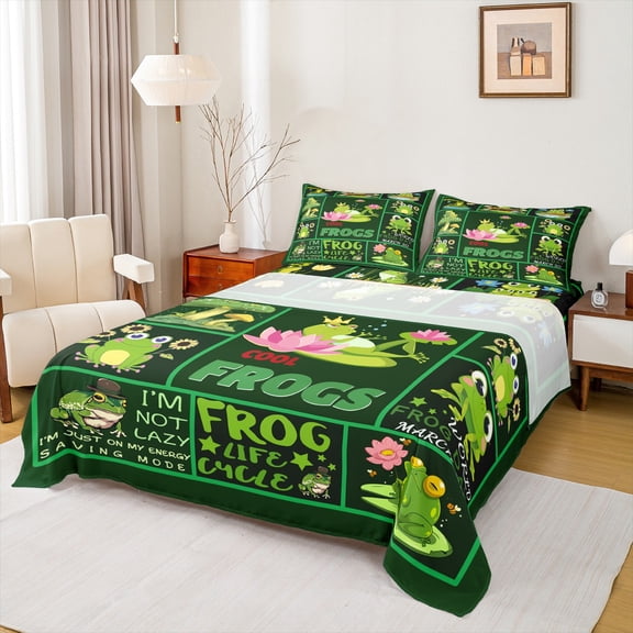 Homewish Chic Cool Frogs Twin Sheet Sets,Patchwork Geometric Checkered Twin Fitted Sheet,Green Mushroom Pink Lotus Flat Sheet For Boys Kids,Microfiber Bedroom Decor,3pcs