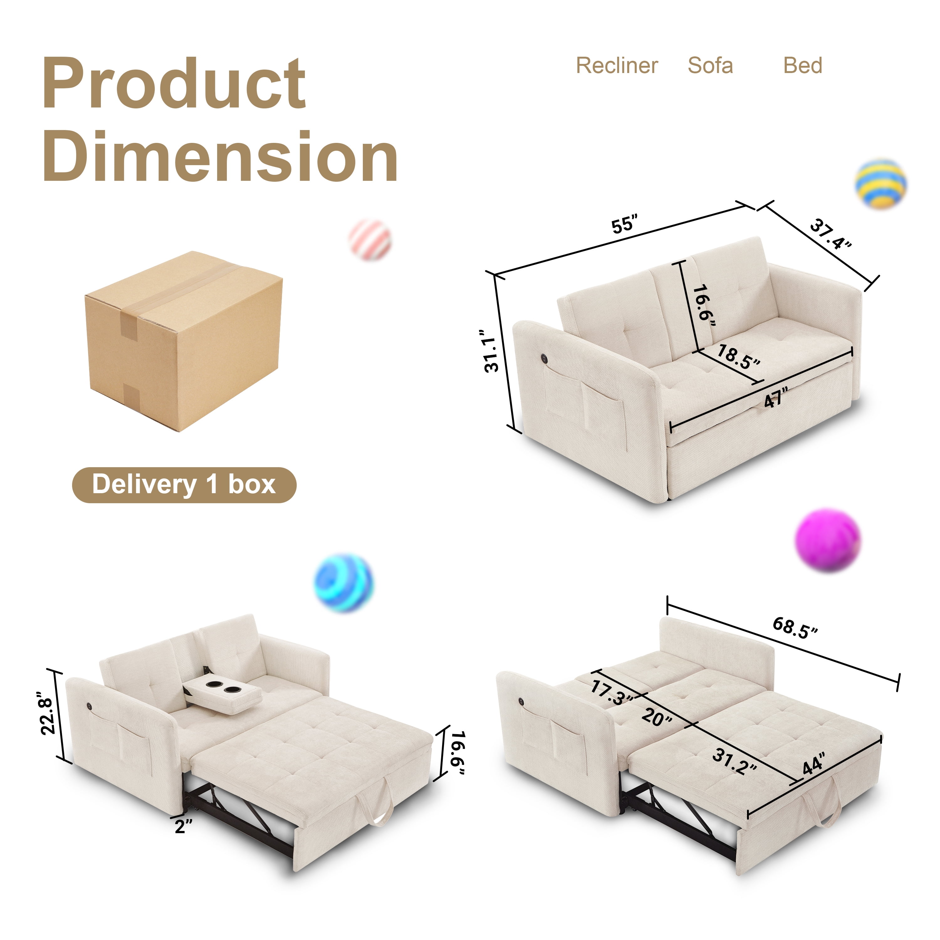 Noodeniya 57" 3 In 1 Convertible Sleeper Couch Bed with two cup holders, pull out sofa bed with USB and Side Pocket, Beige