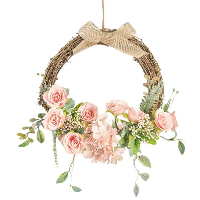Abbracc Simulation 13 Inch Flower Wreath Spring Front Door Greenery Wall Hanging Garland Pink
