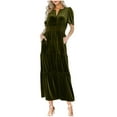 thumbnail image 2 of Wycnly Summer Dresses for Women Sundresses for Women Party Comfy Gold Velvet Elastic Waist Pleated Swing Pocket Dress Ladies Elegant Solid V-Neck Short Sleeve Long Dresses, 2 of 6