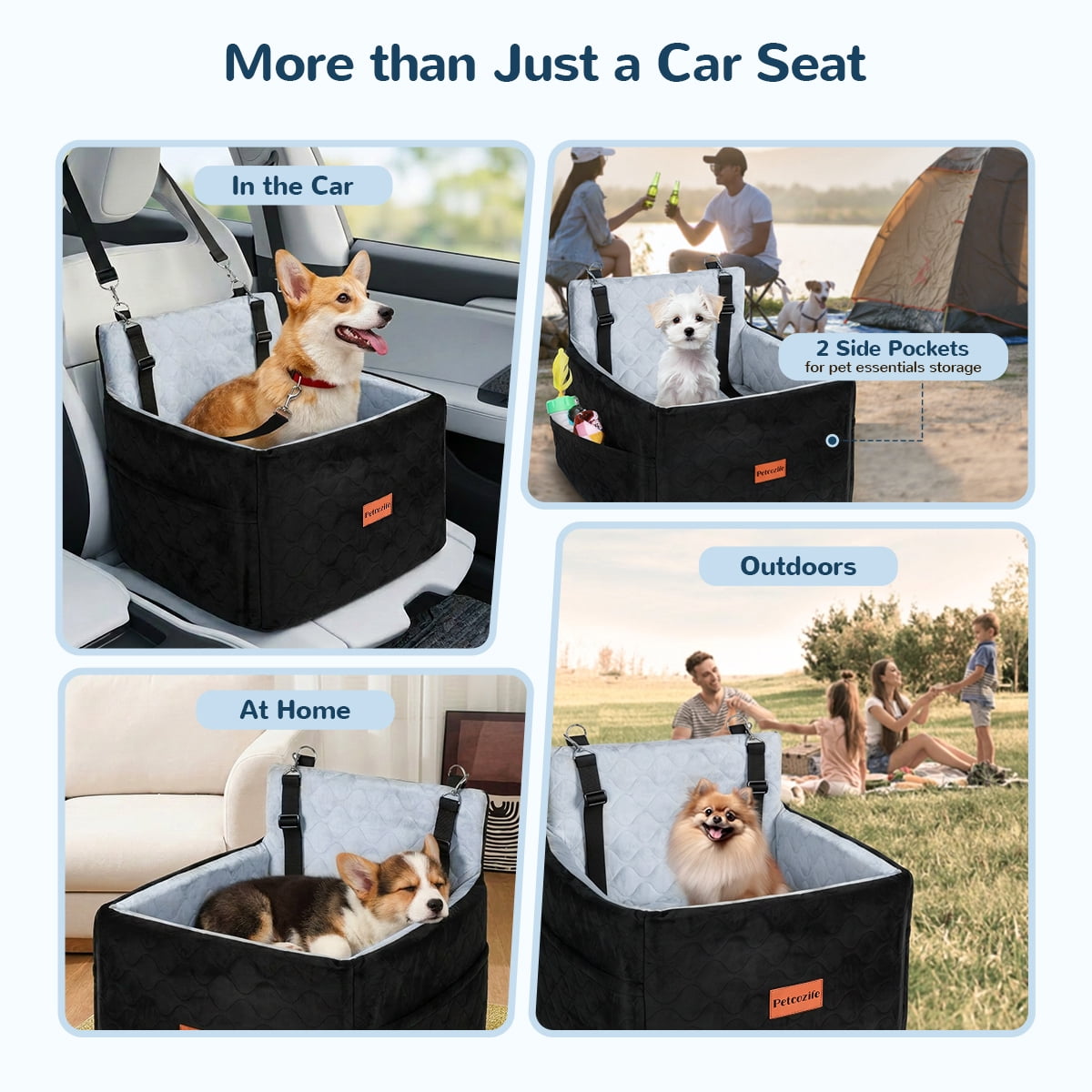 Dog Booster Car Seat for Small/Medium Dogs Up to 35lbs, DOMIPET Pet Car Travel Bed with Storage Pockets & Safety Belt, Elevated Cushion Fully Detachable and Washable