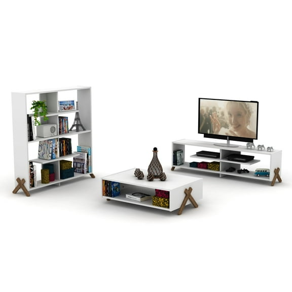 Newboti Furniture Mid Century Modern Tv Stand 4 Shelves Open Storage Wood Legs Entertainment Centre 57 inch Low Tv Unit, Walnut/White 12980