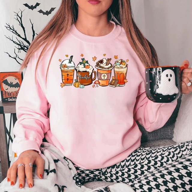 Fall Coffee Thankful Sweatshirt For Women Autumn And Winter Casual Sports Ladies Round Neck Hoodeless Pullovers Solid Color Tops