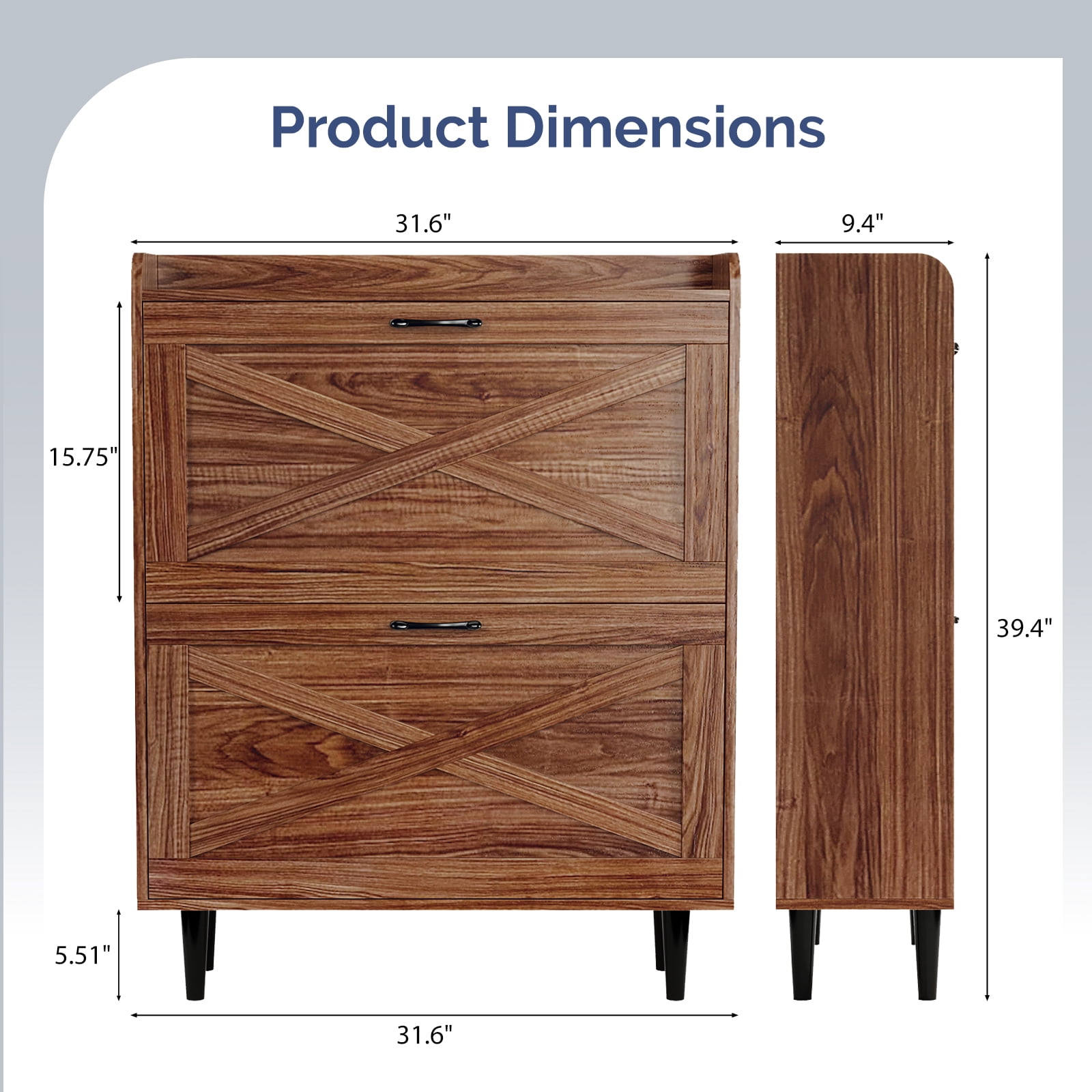 2-Drawer Top Enclosure Barn Door Shoe Cabinet Melamine Board Embossed MDF Shoe Cabinet, 31.61*9.45*39.37in, Walnut