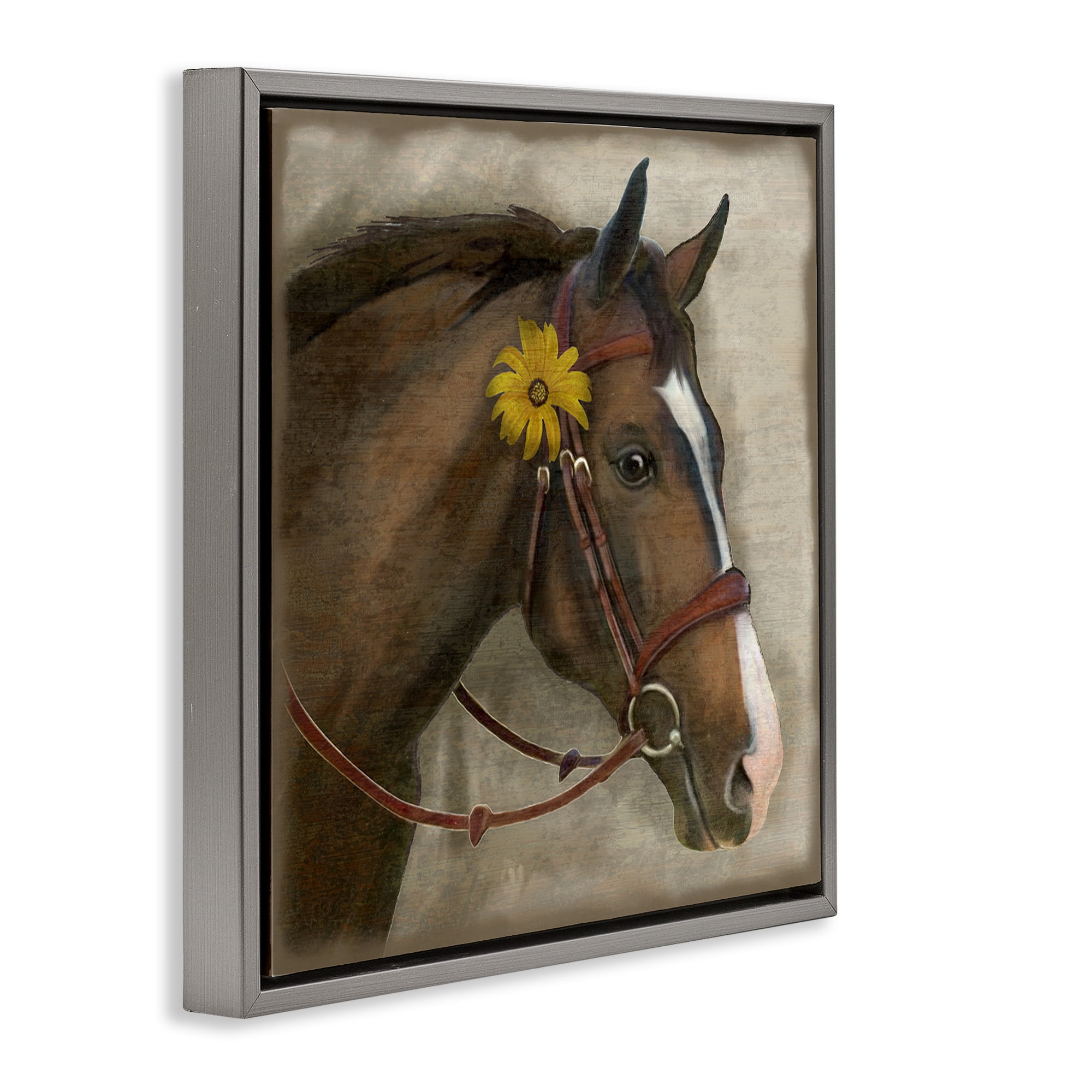 Stupell Industries Barnyard Horse with Daisy Gray Framed Floater Canvas Wall Art, design by Suzanne Nicoll